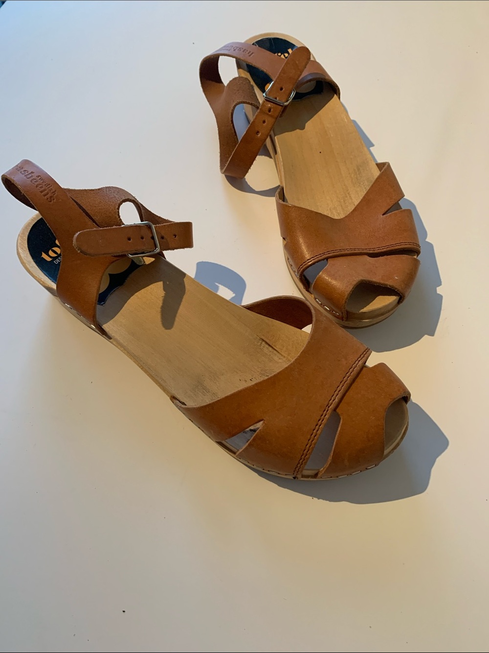 Swedish Hasbeens Tan Leather Peep-Toe Ankle Strap Sandals